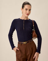 Navy Round Neck Slim Sweater | Rihoas