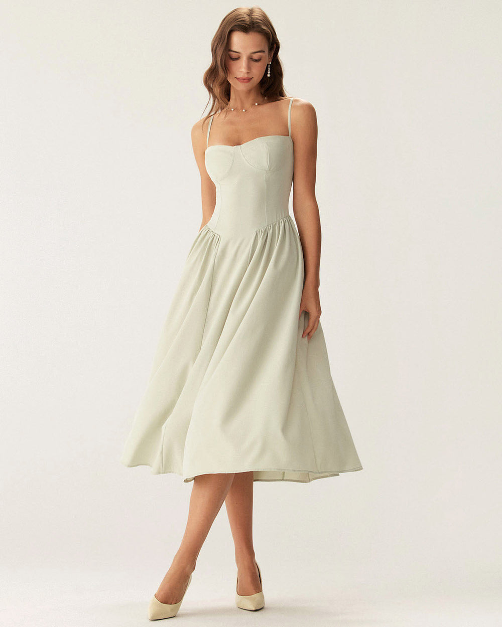 Green Square Neck Pocket Slip Midi Dress | Rihoas