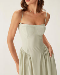 Green Square Neck Pocket Slip Midi Dress | Rihoas
