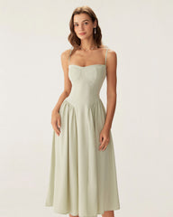 Green Square Neck Pocket Slip Midi Dress | Rihoas