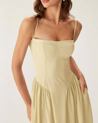 Yellow Square Neck Pocket Slip Midi Dress | Rihoas
