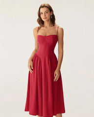 Red Square Neck Pocket Slip Midi Dress | Rihoas