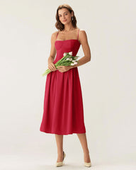 Red Square Neck Pocket Slip Midi Dress | Rihoas
