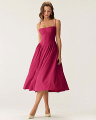 Wine Red Square Neck Pocket Slip Midi Dress | Rihoas