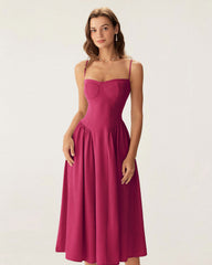 Wine Red Square Neck Pocket Slip Midi Dress | Rihoas