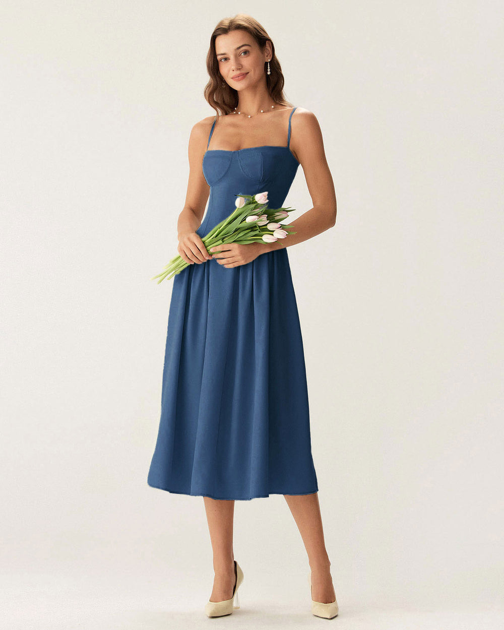Navy Square Neck Pocket Slip Midi Dress | Rihoas