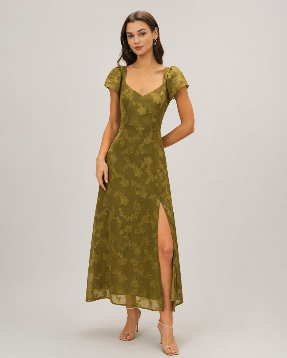 Green Sweetheart Neck Jacquard Maxi Dress | Rihoas