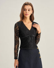 Black V Neck Slim Lace Tee | Rihoas