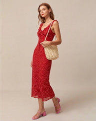 Red Floral V Neck Ruffle Maxi Dress | Rihoas