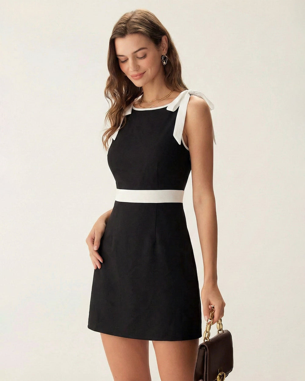 Black Contrasting Bowknot Mini Dress | Rihoas