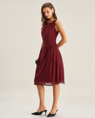 Wine Red Chiffon Sleeveless Midi Dress | Rihoas