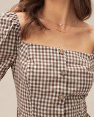 Brown Square Neck Puffed Sleeve Plaid Blouse | Rihoas
