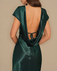 Green Tie Satin Maxi Dress | Rihoas