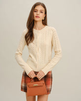 Beige Round Neck Knit Cardigan | Rihoas