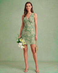 Green Floral Sleeveless Mini Dress | Rihoas
