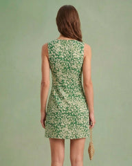 Green Floral Sleeveless Mini Dress | Rihoas