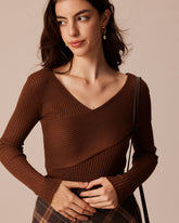 Coffee Ribbed Knit Slim Tee | Rihoas
