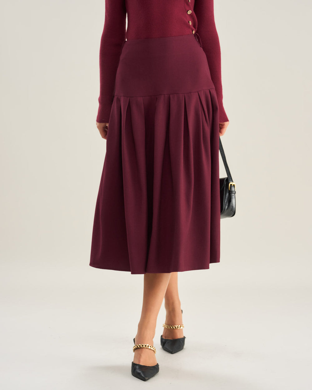 Wine Red Natural Waisted Pleated Midi Skirt | Rihoas