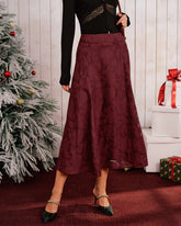 Wine Red Jacquard A-Line Midi Skirt | Rihoas