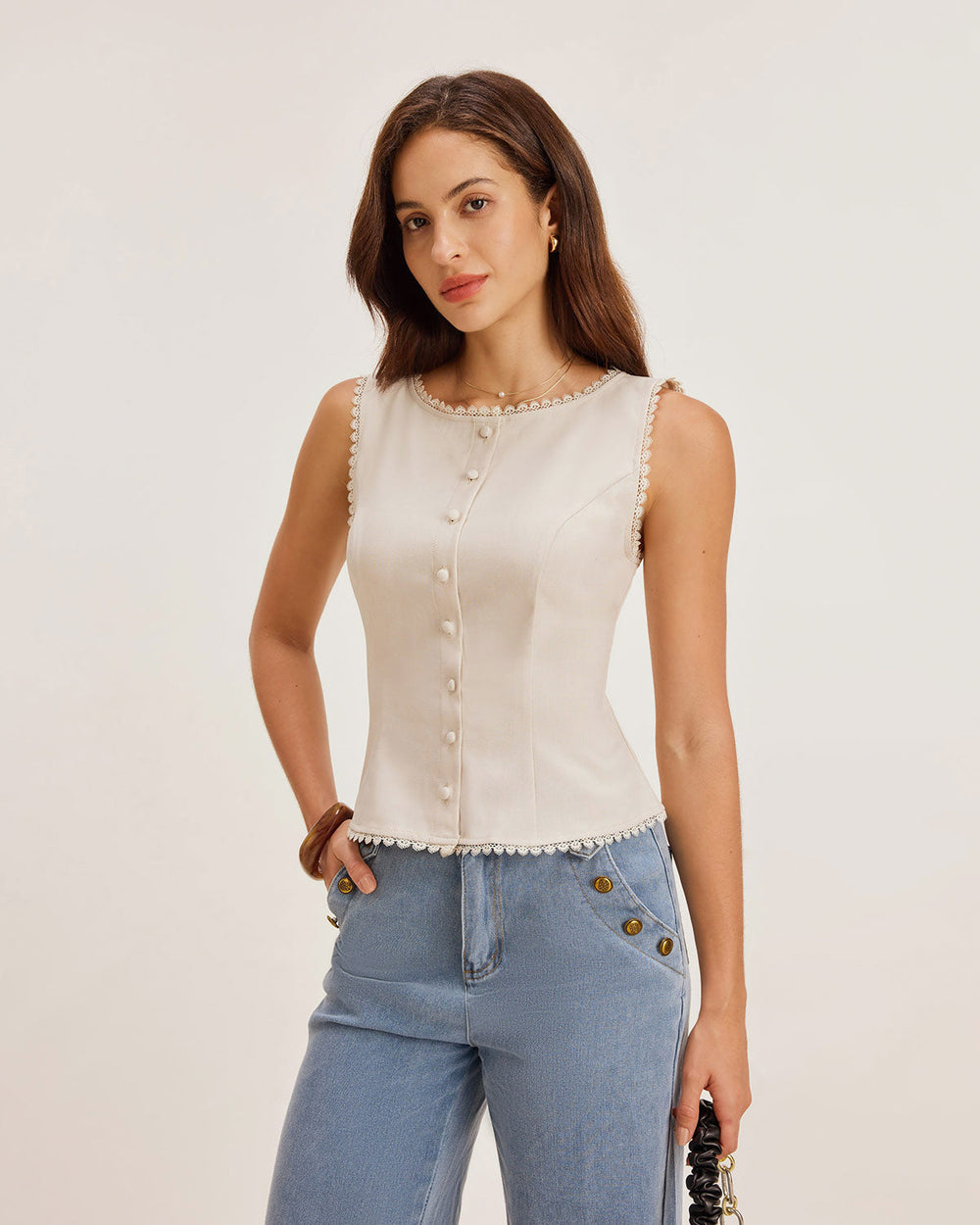 Apricot Boat Neck Button Vest | Rihoas