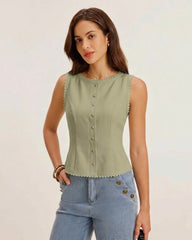 Green Boat Neck Single Breasted Vest | Rihoas