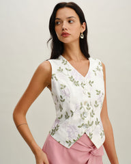 White Embroidery V Neck Button Vest | Rihoas