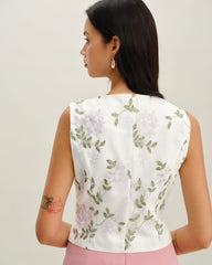 White Embroidery V Neck Button Vest | Rihoas