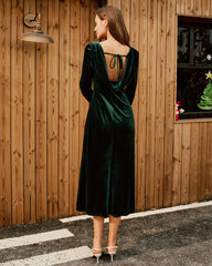 Green Velour Boat Neck Ruched Midi Dress | Rihoas
