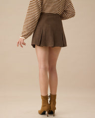 Brown Striped Pleated Mini Skirt | Rihoas