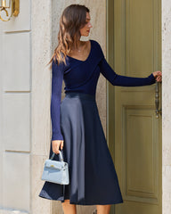 Navy A-Line Pocket Midi Skirt | Rihoas