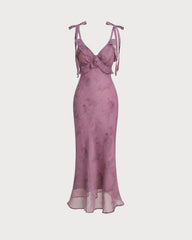 Purple Floral Ruffle Tie Strap Midi Dress | Rihoas