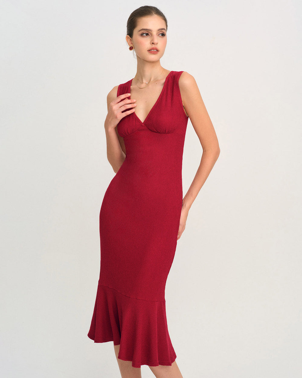 Red V Neck A-Line Midi Dress | Rihoas