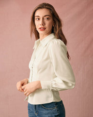 The Solid Collared Puff Sleeve Satin Blouse | Rihoas