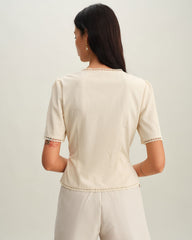 Beige V Neck Pleated Button Blouse | Rihoas