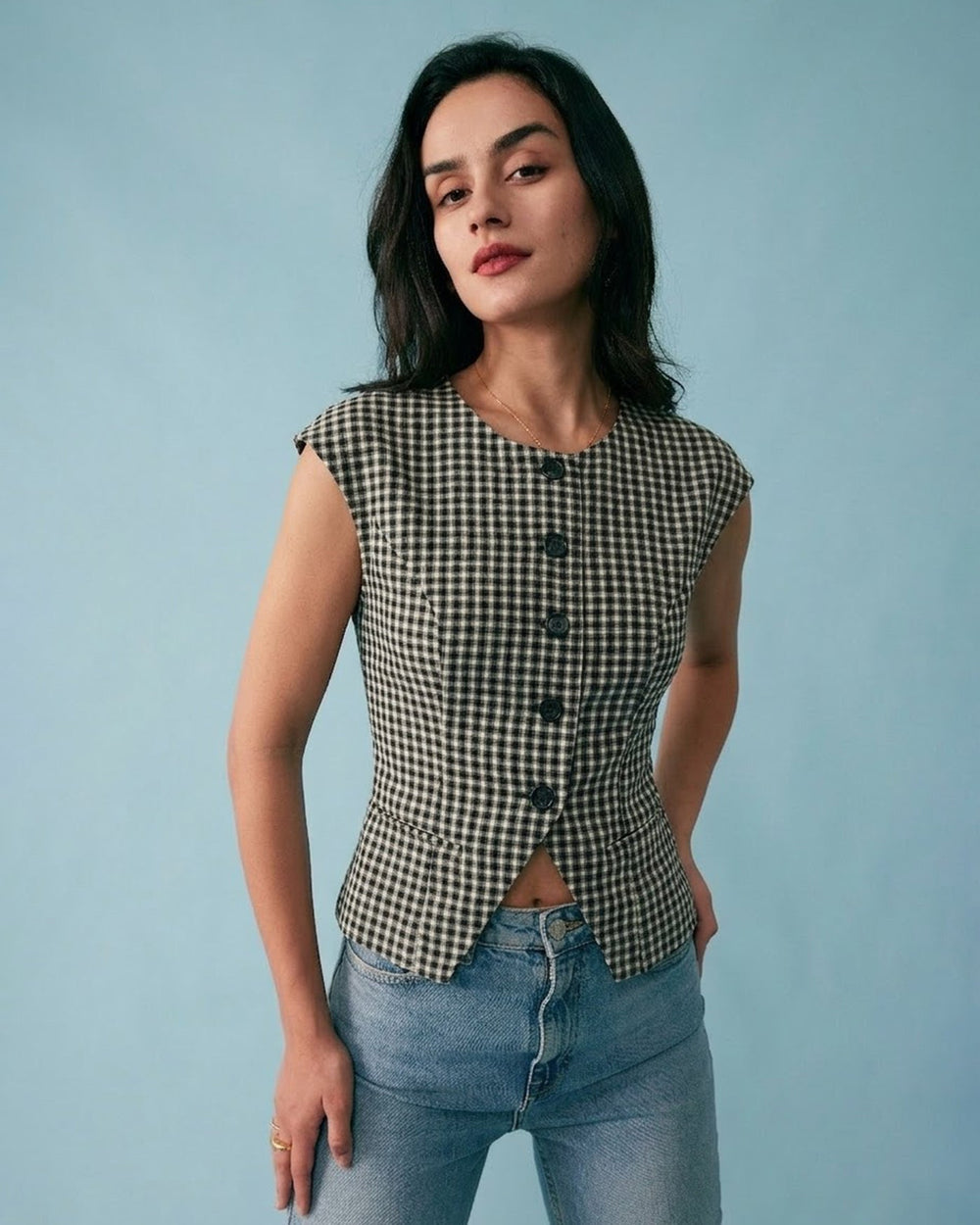 Black Plaid Viscose Tee | Rihoas