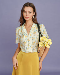 Yellow Collar Puffed Sleeve Floral Blouse | Rihoas
