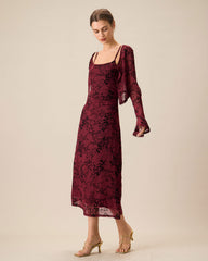 Red Floral Bodycon Slip Midi Dress | Rihoas