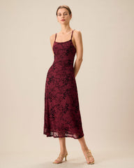 Red Floral Bodycon Slip Midi Dress | Rihoas