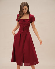 Red Ruched Slit Midi Skirt | Rihoas