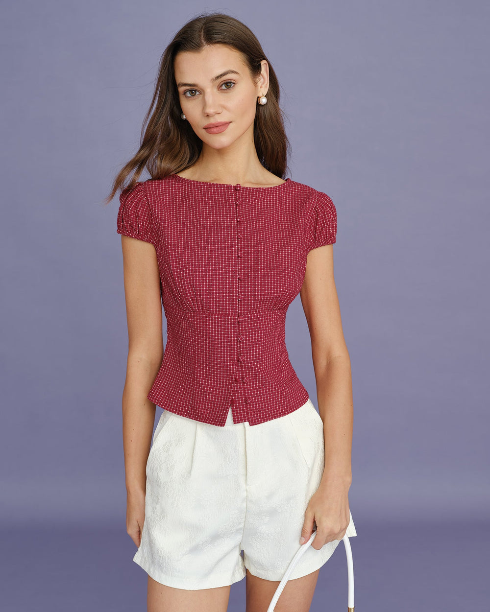 Red Boat Neck Plaid Blouse | Rihoas