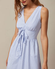 The Blue V Neck Shirred Striped Maxi Dress | Rihoas