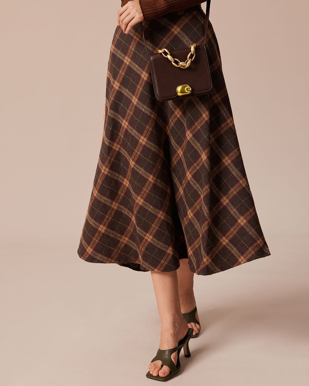 The Brown Elastic Waist Plaid A-Line Midi Skirt | Rihoas