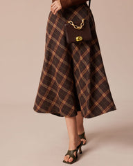 The Brown Elastic Waist Plaid A-Line Midi Skirt | Rihoas