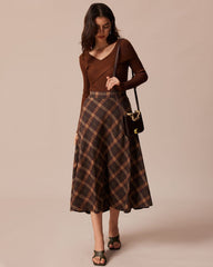 The Brown Elastic Waist Plaid A-Line Midi Skirt | Rihoas