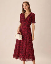 Red V Neck Floral Maxi Dress | Rihoas