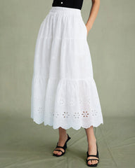 White Floral Textured Midi Skirt | Rihoas