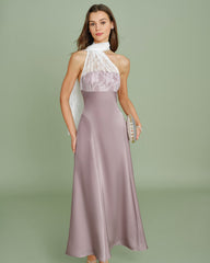 Pink One Shoulder Lace Splicing Maxi Dress | Rihoas