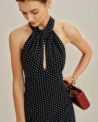 Black Polka Dot Halter Midi Dress | Rihoas