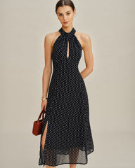 Black Polka Dot Halter Midi Dress | Rihoas