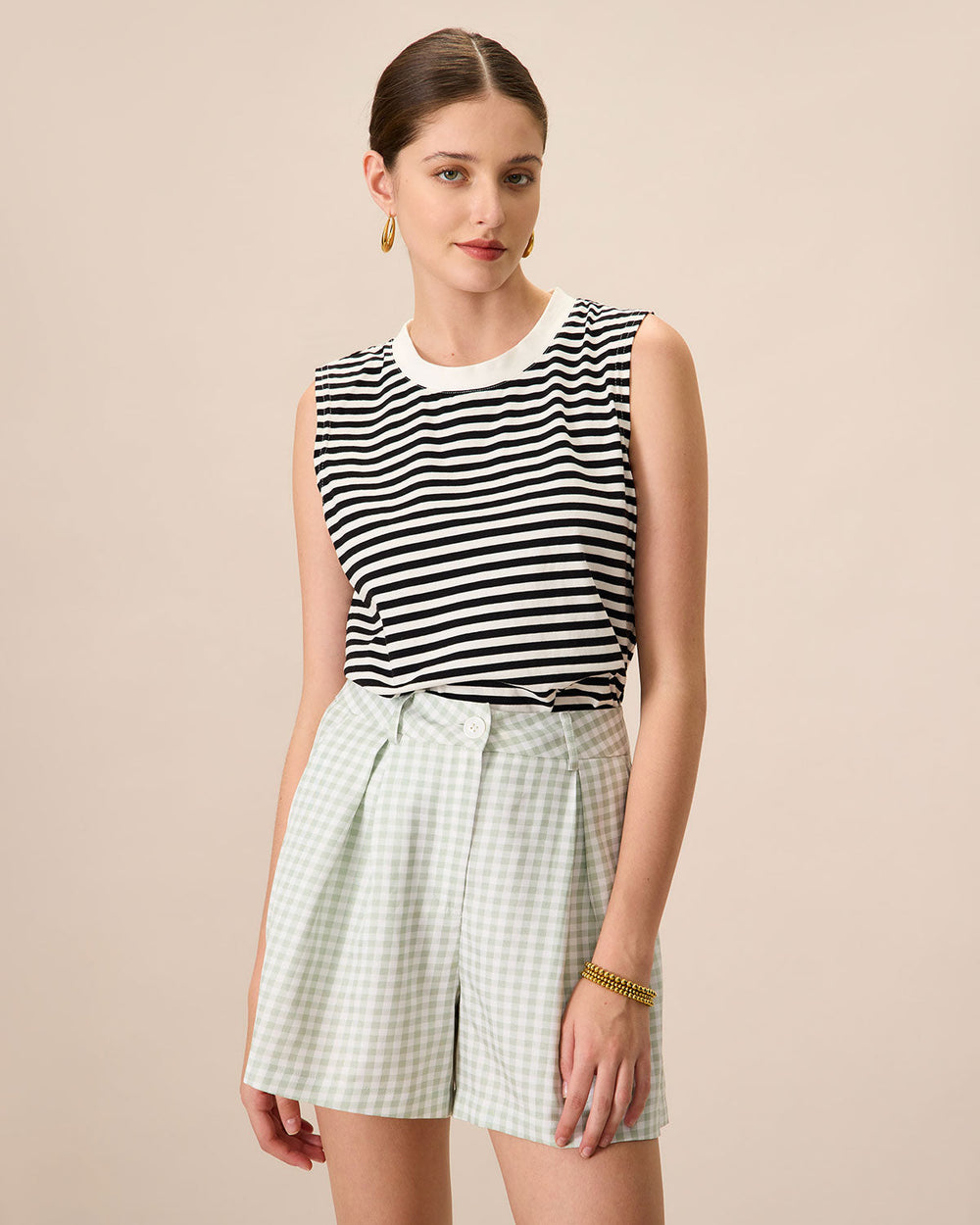 Women's Black Crew Neck Cotton Striped Tank Top | Rihoas